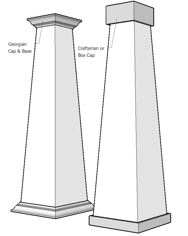 Two craftsman style tapered column wraps with different capitals and bases