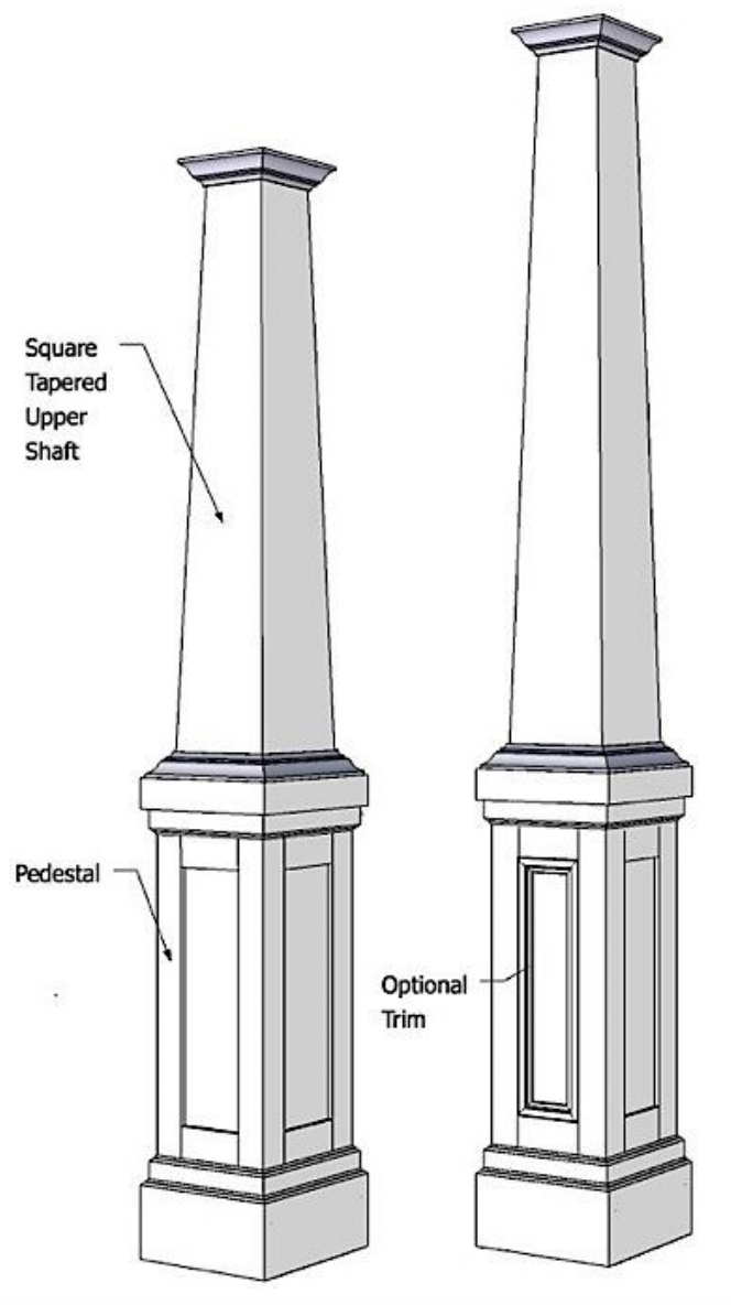 Craftsman style tapered exterior pvc columns with panelled pedestals