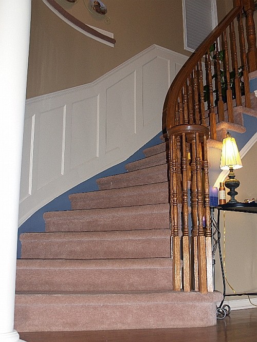 A closer look at flex wainscoting installed on curved stairs
