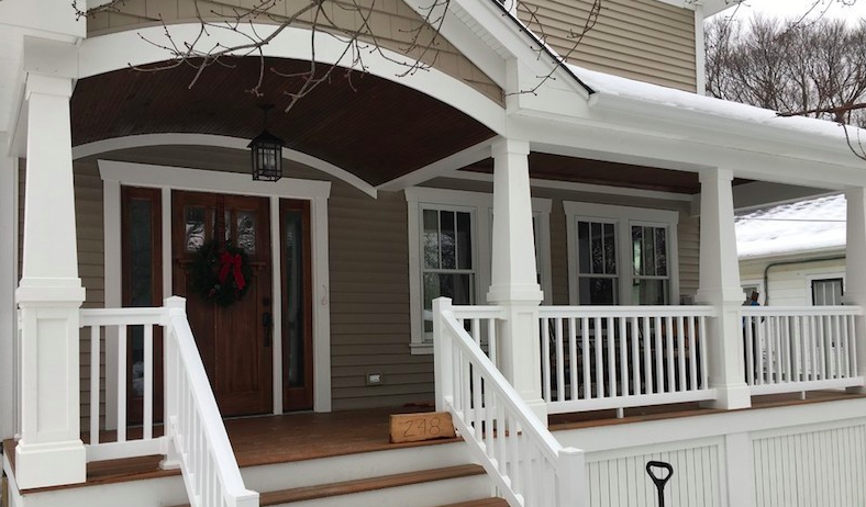Tapered PVC column wraps with box capitals and bases on front porch