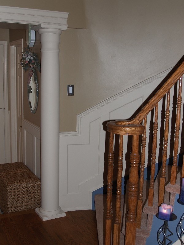 A close side look at applied flexible wainscoting for stairs