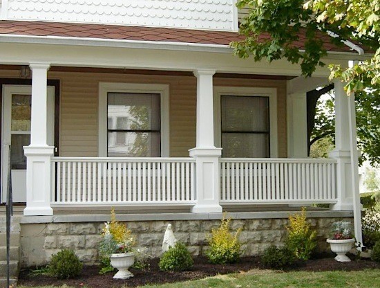 PVC columns on pedestals for front porch with railings