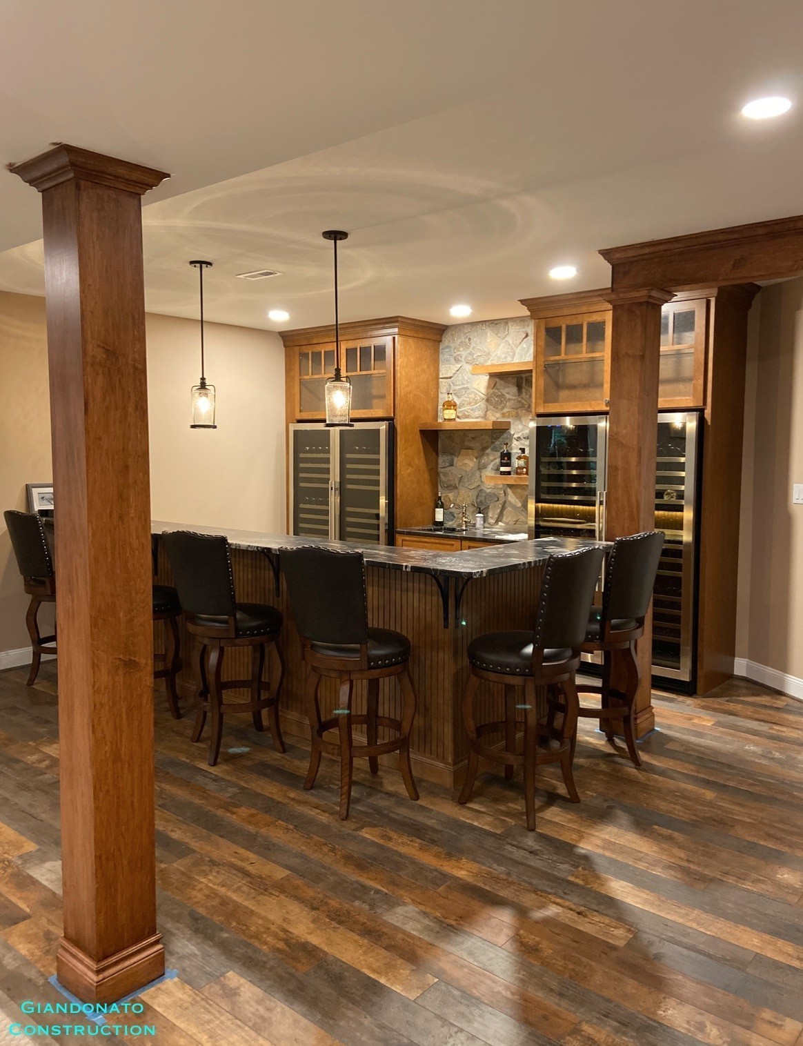 Interior Square Wood Columns Installed in a Basement