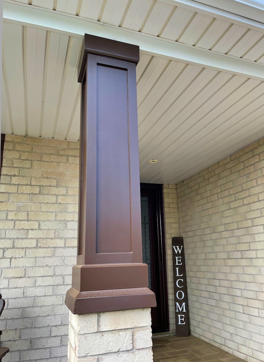 A closer look at the brown painted 10" shaker PVC column wrap