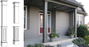 A comparison between the drawing of the half panelled pvc column wraps and them actually installed on a front porch