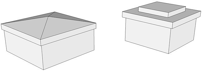 Examples of the types of caps for newel posts. They are pyramid tipped or square.